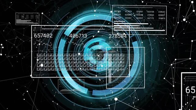 Central HUD rotating, rings driving panels, key grid showing, numeric values updating diagnostics