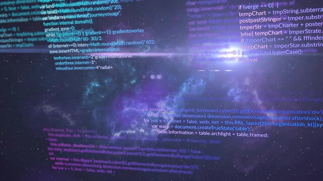 Nebula-code layers shifting while flare washing out then revealing code columns, visualizing tech