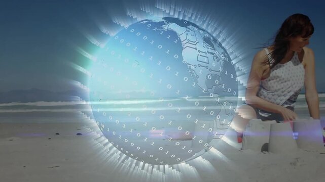 Vertical video: Child appearing woman and child building castles for play, tech globe overlaying