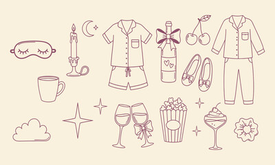 Cute pajama party doodle illustration set. Hand drawn cozy elements for invitations. girly sleepover doodle elements with slippers, wine, popcorn and cozy night accessories collection