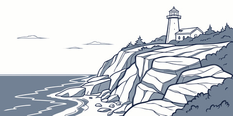 A lighthouse stands tall on a rocky cliff overlooking the vast ocean. Vector © Rabbi
