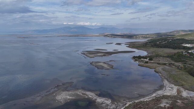 Aerial Drone View of Coastal Lagoon with Birds Near Didim on Aegean Sea