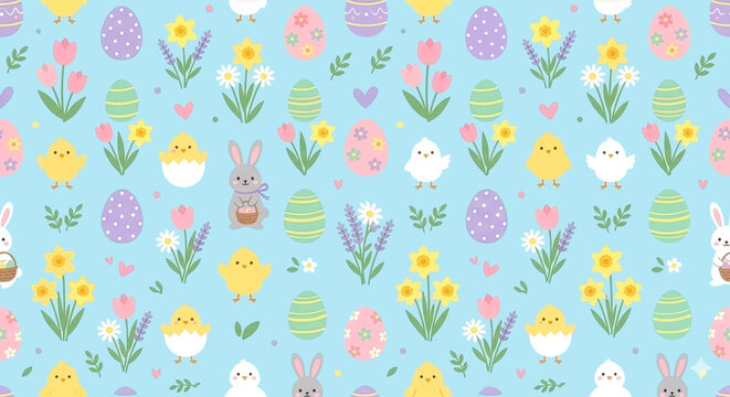 Cute easter seamless pattern with bunnies chicks and flowers on blue background.