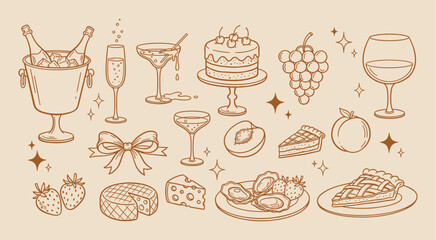 Hand drawn doodle party elements vector illustration. Coastal mediterranean dinner table party summer sketch. Wedding coquette elements for greeting card template © Stock4line