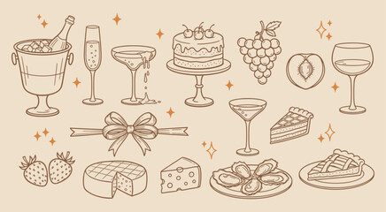 Hand drawn doodle party elements vector illustration. Coastal mediterranean dinner table party summer sketch. Wedding coquette elements for greeting card template © Stock4line