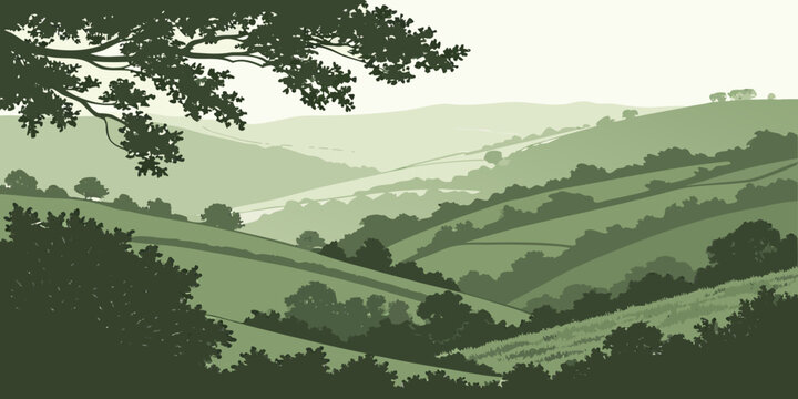 A serene landscape of rolling hills and lush greenery under a clear blue sky. Vector