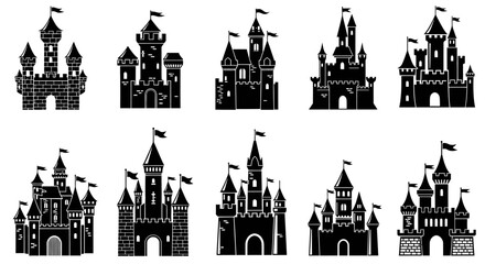 Fototapeta premium Collection of Diverse Castle Silhouettes: Fantasy, Fairytale, and Architectural Designs