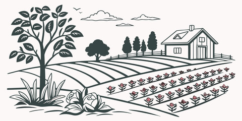 A serene landscape of farmland with a farmhouse and trees in the background Vector © Rabbi