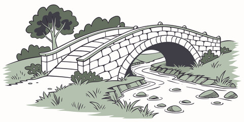 A picturesque view of a stone bridge spanning a serene river in a lush, green landscape. Vector © Rabbi