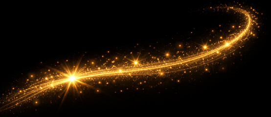 Golden sparkling light trail with glowing stars and glitter dust, luxury abstract radiant magic effect on transparent background © Victoria