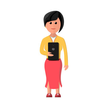Vector, flat illustration design. businesswoman  tablet and smil