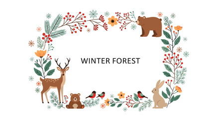 Naklejka premium Charming winter forest frame illustration with a bear, deer, rabbit, and birds among evergreen branches and berries.