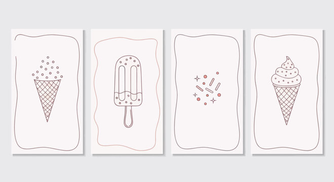 Hand-drawn ice cream cones and popsicles on cards, summer dessert collection