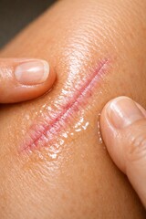 Fototapeta premium Close up view of a healing surgical scar on human skin with ointment. Fingers examining the wound recovery process. Useful for medical education, healthcare articles, or skincare products.