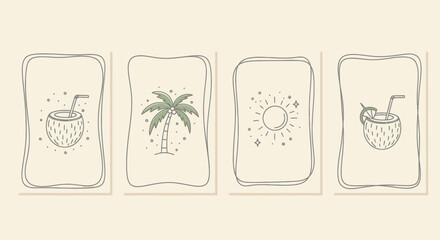 Summer Vibes: Coconut Drinks, Palm Tree, Sun Icons in Hand-Drawn Style © anidaahza