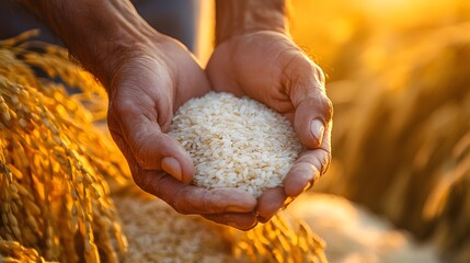 Close up of hands gently cradling a small pile of white rice grains with golden sunlight illuminating the scene against a backdrop of ripe rice stalks in a field during harvest season.