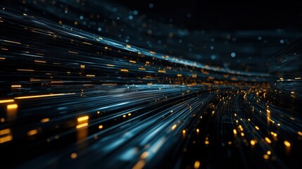 Dynamic streams of glowing blue and orange particles flow through a dark, futuristic tunnel-like space, creating a sense of speed and digital data movement.