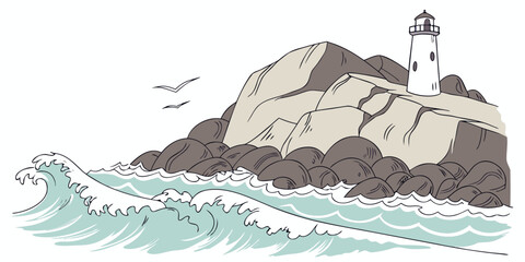 A lighthouse stands tall on a rocky cliff overlooking a stormy sea Vector © Rabbi