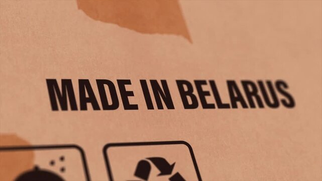 Made in BELARUS Label on Cardboard Box, Animated BELARUS Manufacturing Export Concept