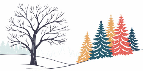 A stark winter tree stands alone against a backdrop of colorful autumn trees. Vector © Rabbi
