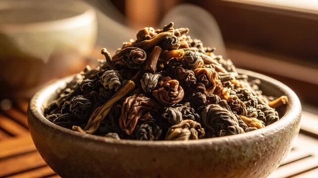Close-up of dried tea leaves and buds in a rustic bowl, natural light
