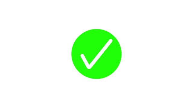 Animated reveal of a white check-mark icon in a green circle. Isolated on a white background. Green check mark, tick, yes, or OK symbol on green circle
