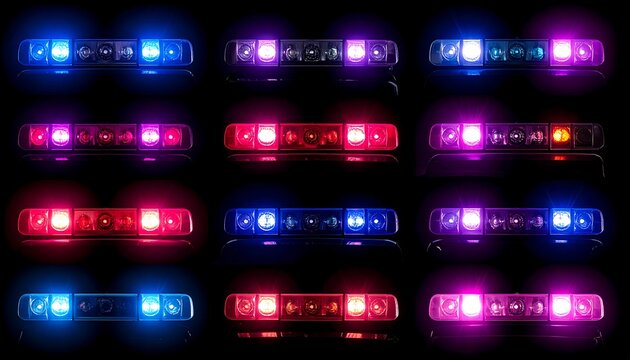 Twelve rows of flashing lights illuminate a dark background, pulsing with varying red, blue, and purple hues