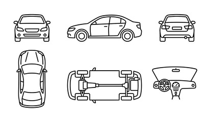 Car linear icon set with front side rear top bottom and interior views editable stroke vector © Nirob