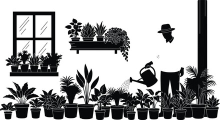 Indoor home gardening silhouette with houseplants collection, person watering potted plants near window and shelves, urban gardening, botanical decor and plant care concept. © Dulal Creatives