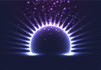 Obraz premium Round glow rays circle night scene overlay transparent background, sparks. Empty light effect translucent podium. Disco club dance floor. Show party lamp beam stage. Eclipse style purple blue lights