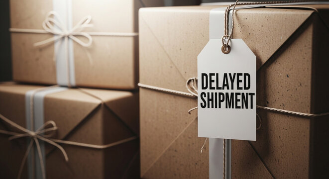 Delayed shipment, wrapped gift boxes with delayed tag, brown paper packages with ribbons and bow, DELAYED SHIPMENT label
