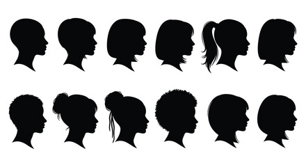 Diverse collection of black silhouette profiles showcasing various hairstyles and facial structures high quality professional detailed