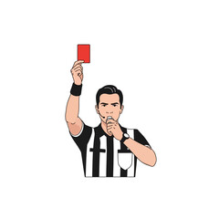 Referee holding red card in a black and white striped shirt.