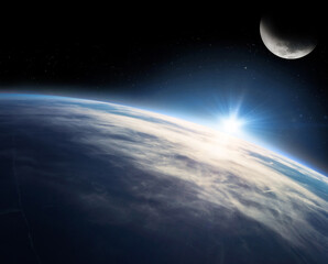 Futuristic space illustration showing planet Earth with glowing blue atmosphere and the Moon rising above the horizon against a deep starry sky. Elements of this image furnished by NASA. © Tryfonov