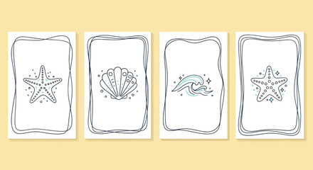 Hand-drawn seashells and starfish, doodle art, nautical theme, set of four cards © anidaahza