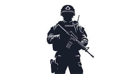 Obraz premium Armed soldier standing with rifle, tactical gear, strong silhouette style illustration, minimal flat design, war concept, isolated on transparent background, PNG