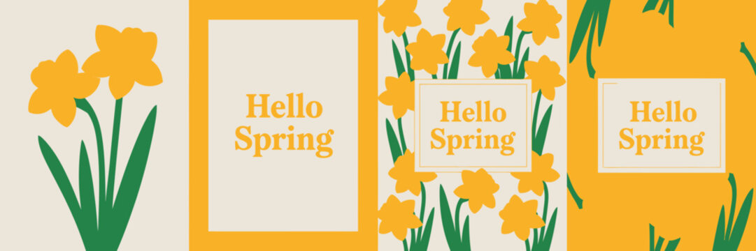 Hello Spring greeting cards with yellow daffodils and green leaves
