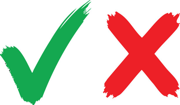 Green check mark and red x mark isolated on white background