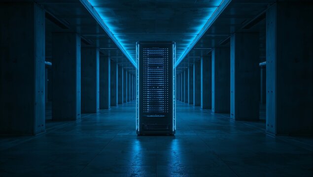 Futuristic Data Server Rack with Glowing Blue Lights in a Dark Concrete Corridor
