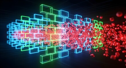 Obraz premium Abstract representation of data or digital information being blocked or stopped by a glowing neon grid structure symbolizing a cybersecurity firewall or digital barrier defense.
