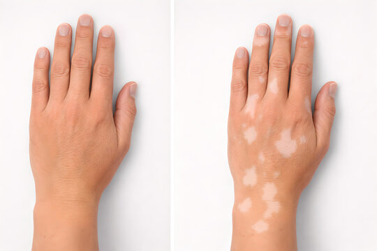 Photorealistic dermatology clinical close-up of an adult dorsal hand with mild vitiligo: small-to-medium well-demarcated depigmented patches with soft feathered edges