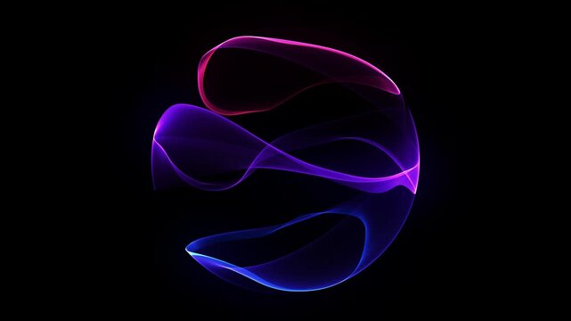 Abstract neon light ribbon sphere fragment. Flowing purple pink and blue orb waves. Smooth round shape translucent mesh curves round shape. Dynamic spher Isolated black Glowing magenta sphere 4K loop