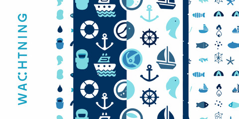 Nautical themed pattern with ships anchors and marine life icons © Polash