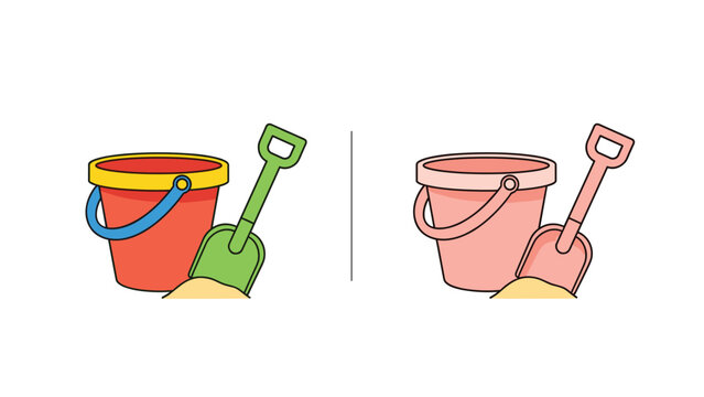 Simple toys including a red bucket and green spade sit in a sandpile shown in both colorful and faded versions.