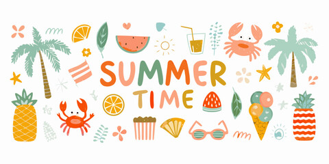 Colorful summer illustration featuring tropical fruits crabs and beach elements © Polash