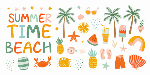 Colorful summer illustration with beach elements and handwritten typography © Polash