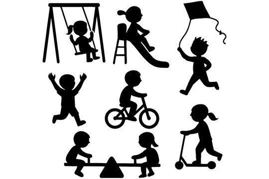 Playground Kids Silhouette Icons &ndash; Children Playing Outdoor Activities Set