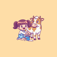 Naklejka premium Girl Milking a Cow Illustration