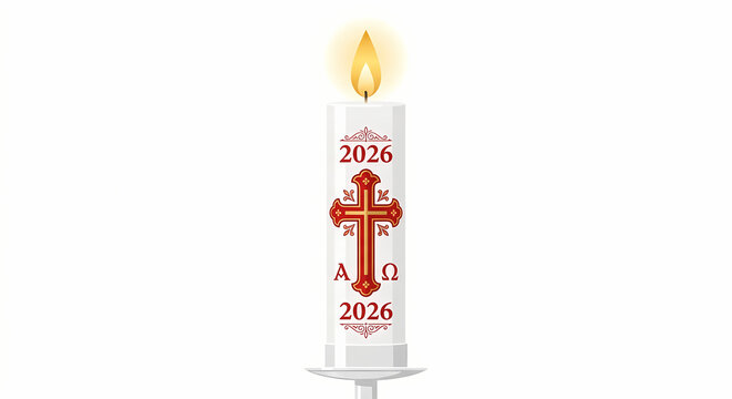 Paschal candle with burning flame cross alpha omega and 2026 year isolated on white