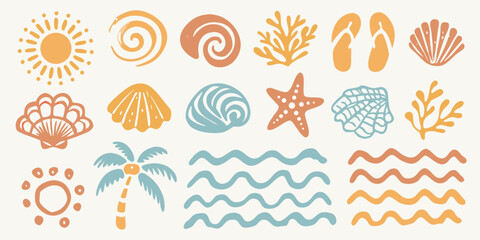 A collection of stylized beach and ocean themed illustrations